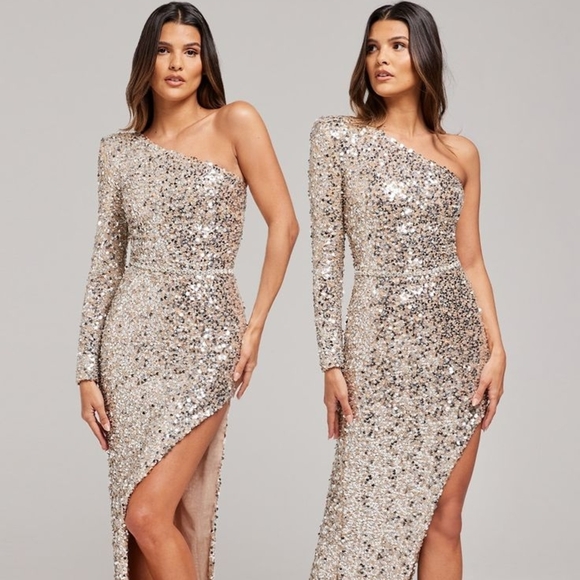 Nadine Merabi Adriana Silver Sequin One Shoulder Maxi Dress Crystal Belt Size XS - Picture 15 of 17